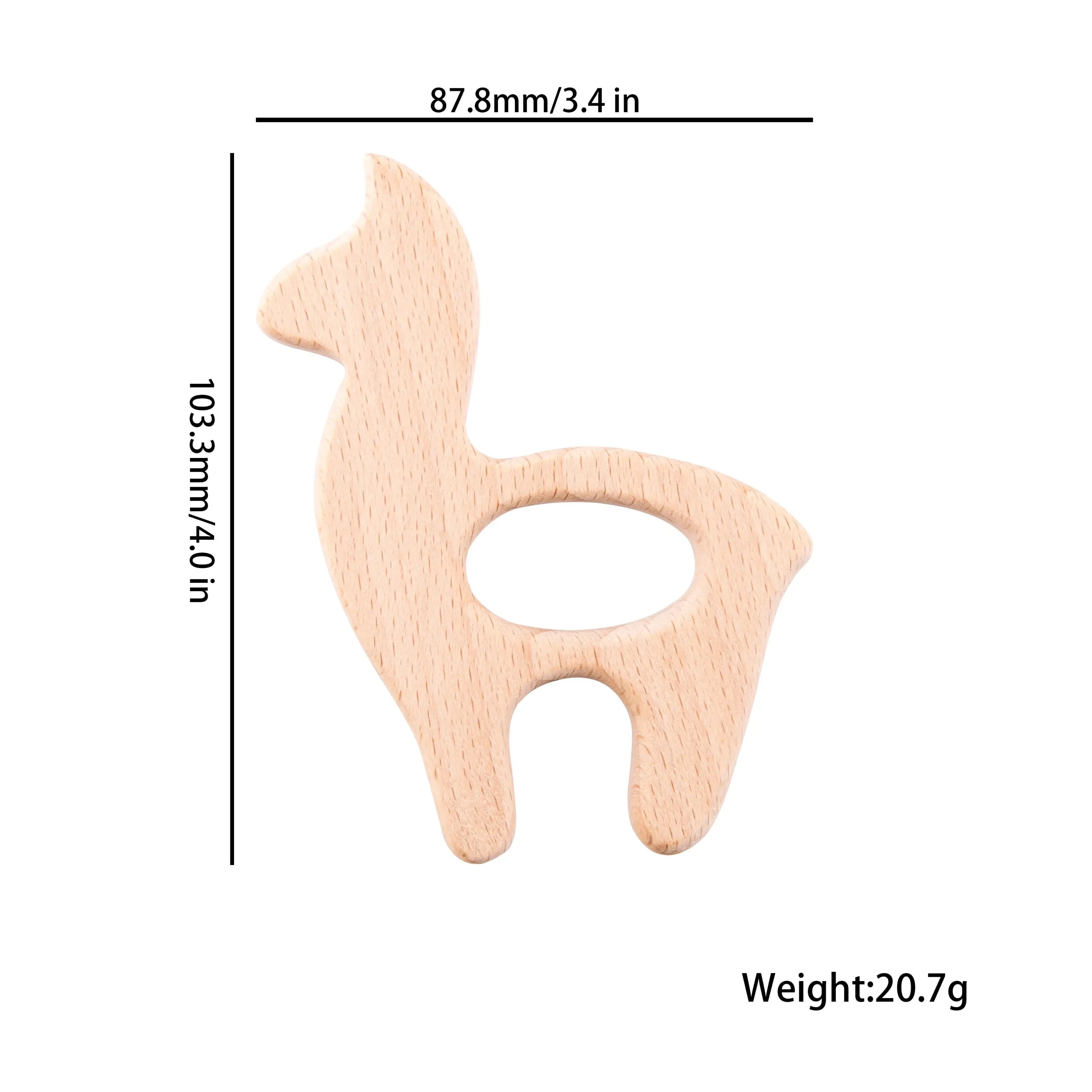 Natural wood llama baby teething toy, light beige, safe for soothing infants.