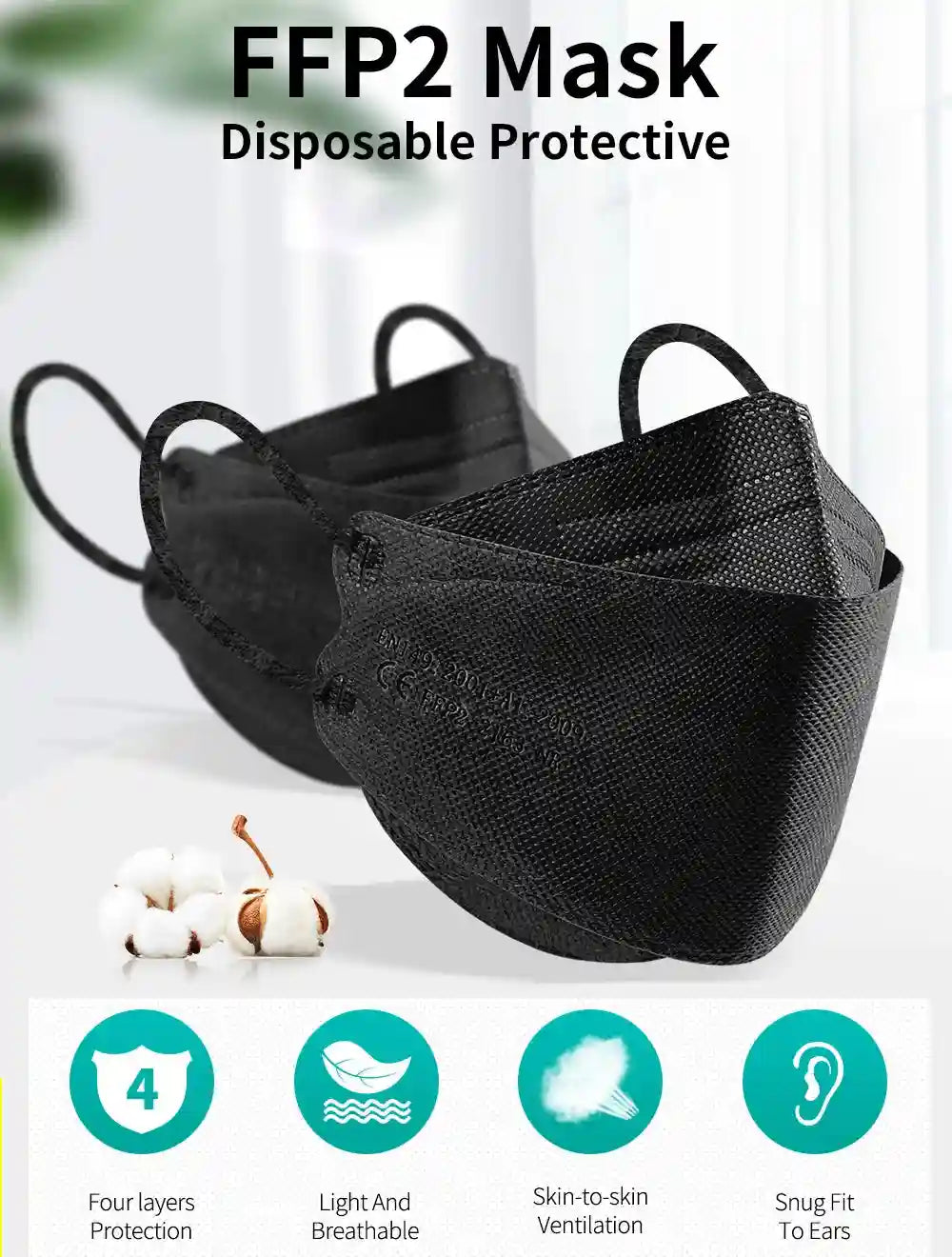 Black 4-layer FFP2 KN95 face mask with textured fabric, comfortable ear loops, and protective disposable design.
