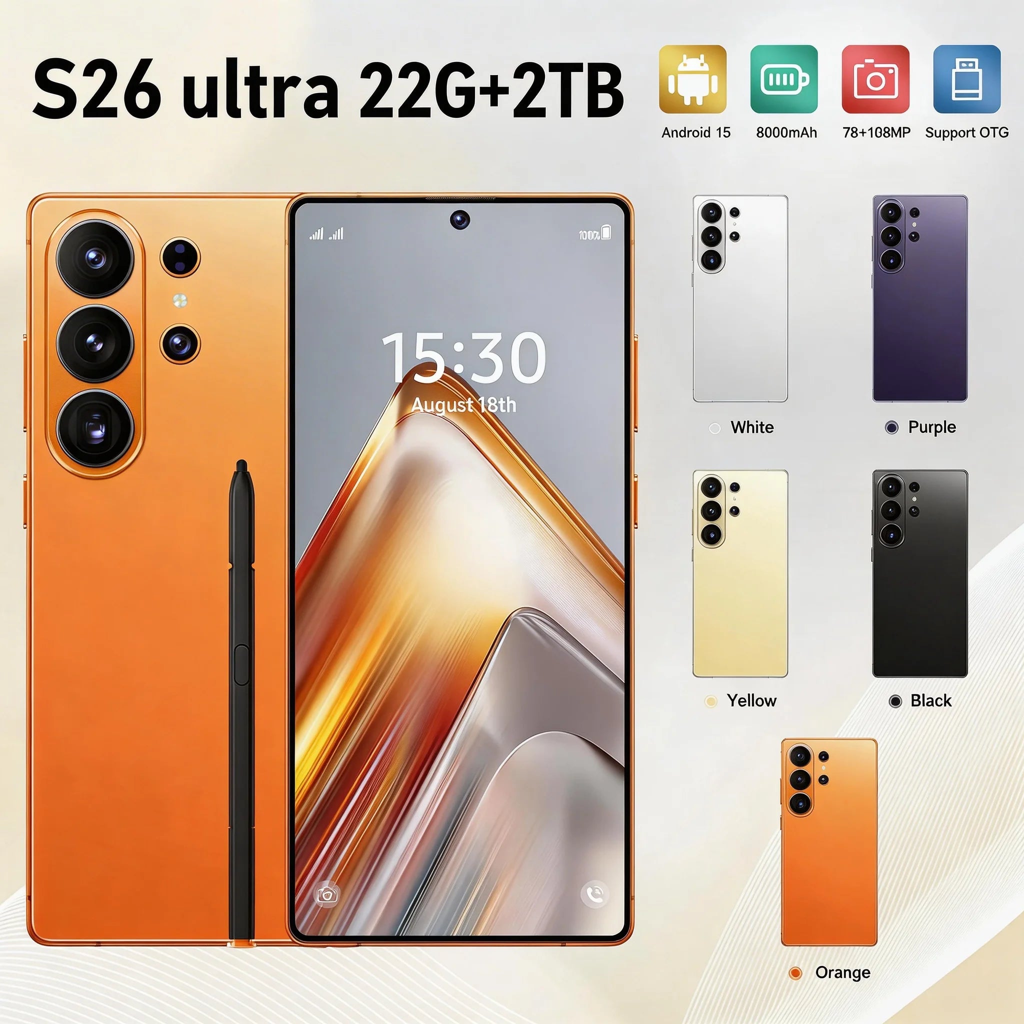 S26 Ultra 5G smartphone with 7.3 inch full screen, 22GB RAM, 2TB storage, and built-in pen, silver side view