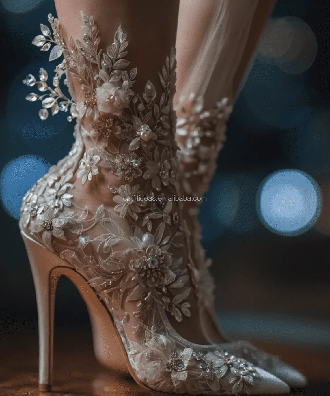 Elegant Wedding Sexy Rhinestone Bedazzled Heels Blue Flower Ankle Wrap Tie up Crystal Strappy Sandal Sparkly Stiletto Prom Shoes