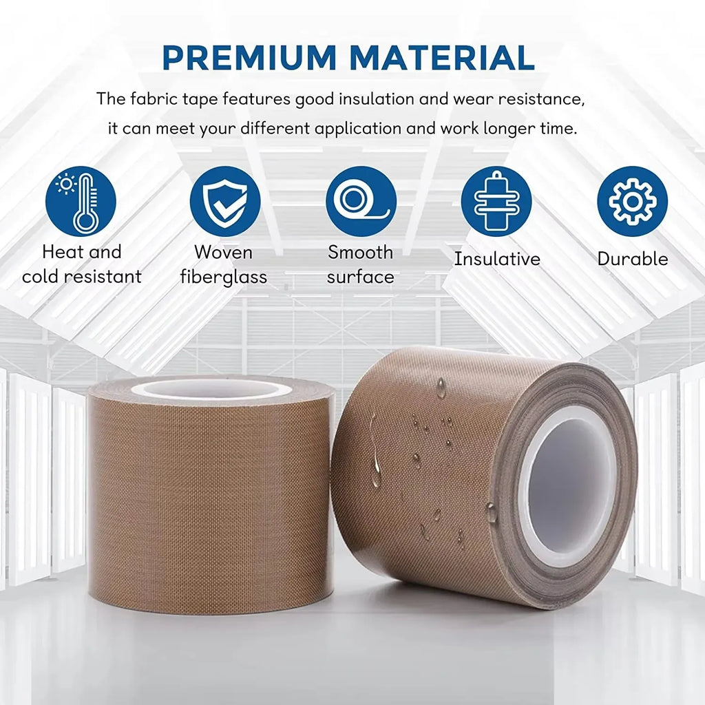 Brown PTFE-coated tape roll and loose strip with woven fabric texture