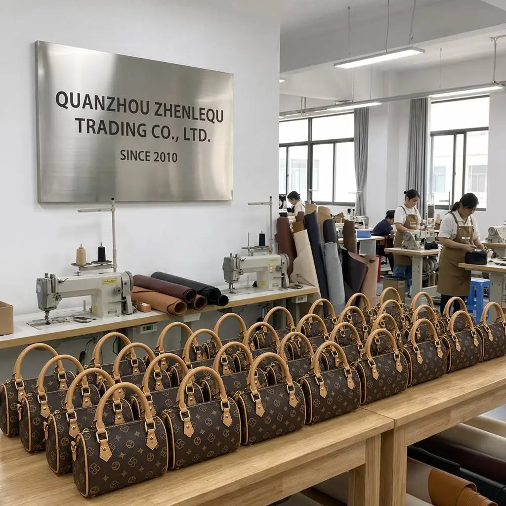 Brown monogram print leather trunk vanity bag with top handles, displayed in a professional handbag factory setting.
