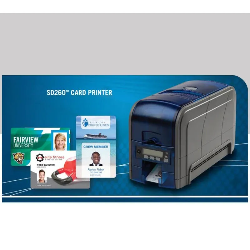 SD260 card printer on retail box packaging with badge cards
