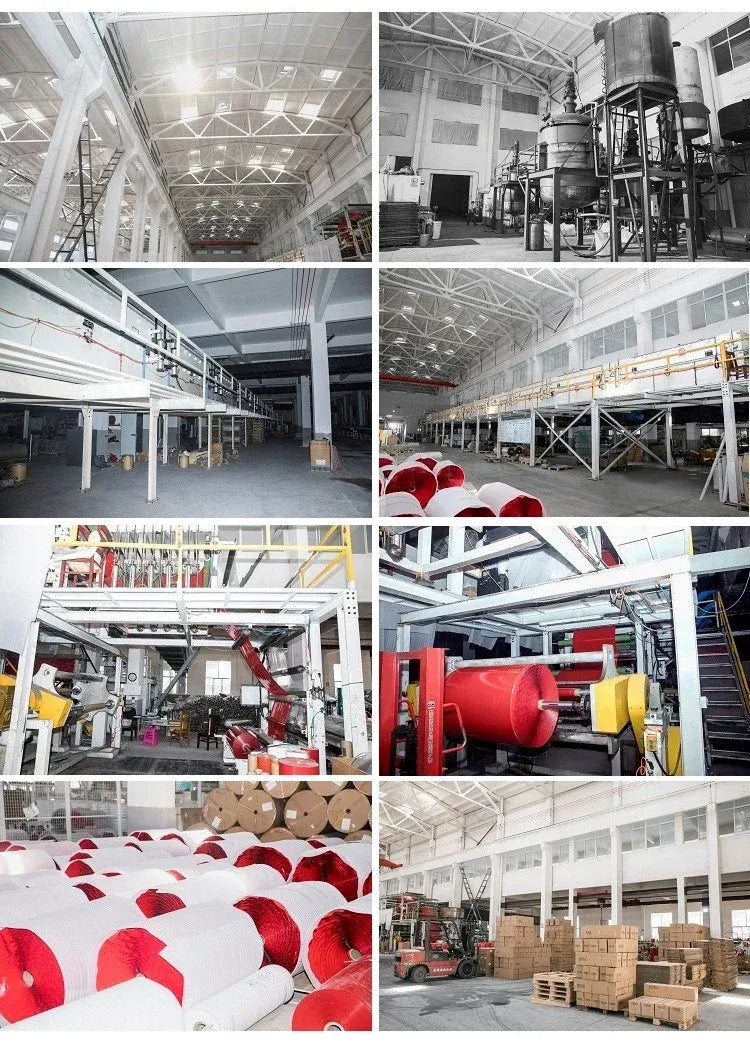 Industrial packaging line for roll labels, with stacks and equipment in workshop