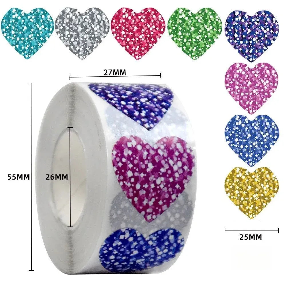 Self-adhesive heart sticker set with teal, gray, purple, and gold glitter hearts and sizes