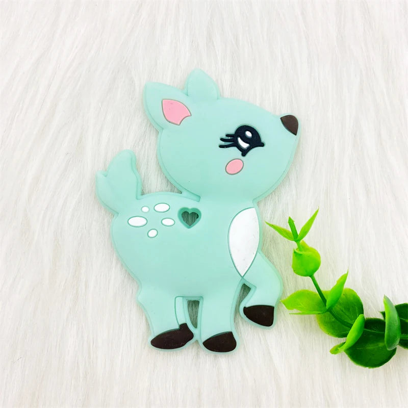 Mint green silicone deer baby teething toy for soothing infant gums.