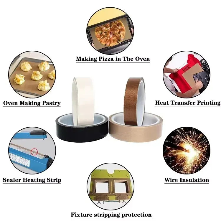 Brown and black PTFE glass cloth tape rolls with adhesive backing, multiple widths