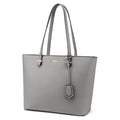 Grey LOVEVOOK designer PU leather tote bag with gold hardware, dual shoulder straps, and a decorative leather tag.