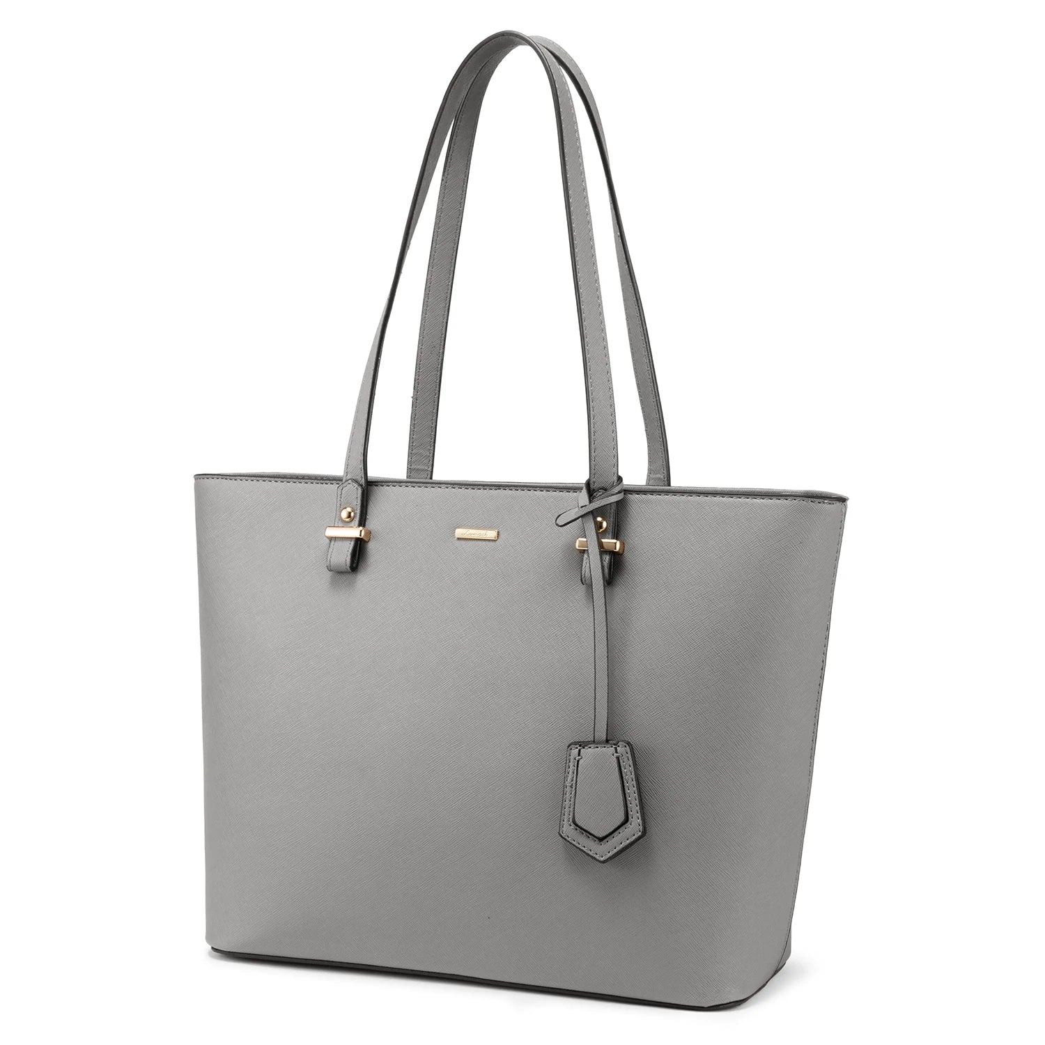 Grey LOVEVOOK designer PU leather tote bag with gold hardware, dual shoulder straps, and a decorative leather tag.