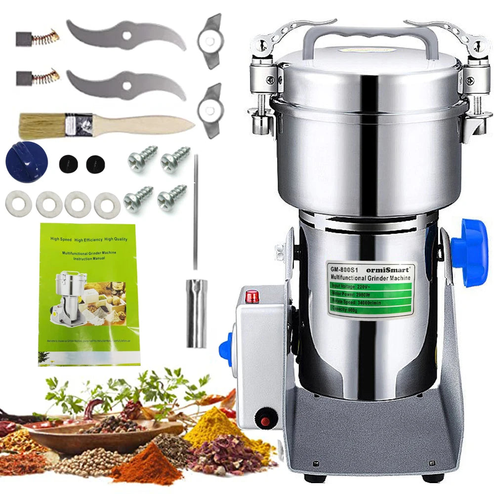 OrmiSmart 800g stainless steel multifunctional electric grinder machine with included accessories and blades.