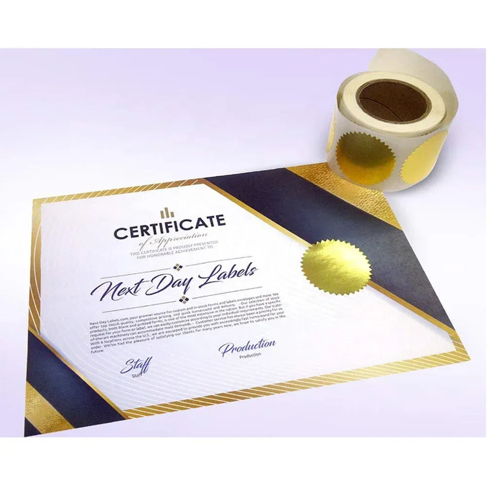 Gold metallic circular seal stickers roll, serrated edge for envelope sealing