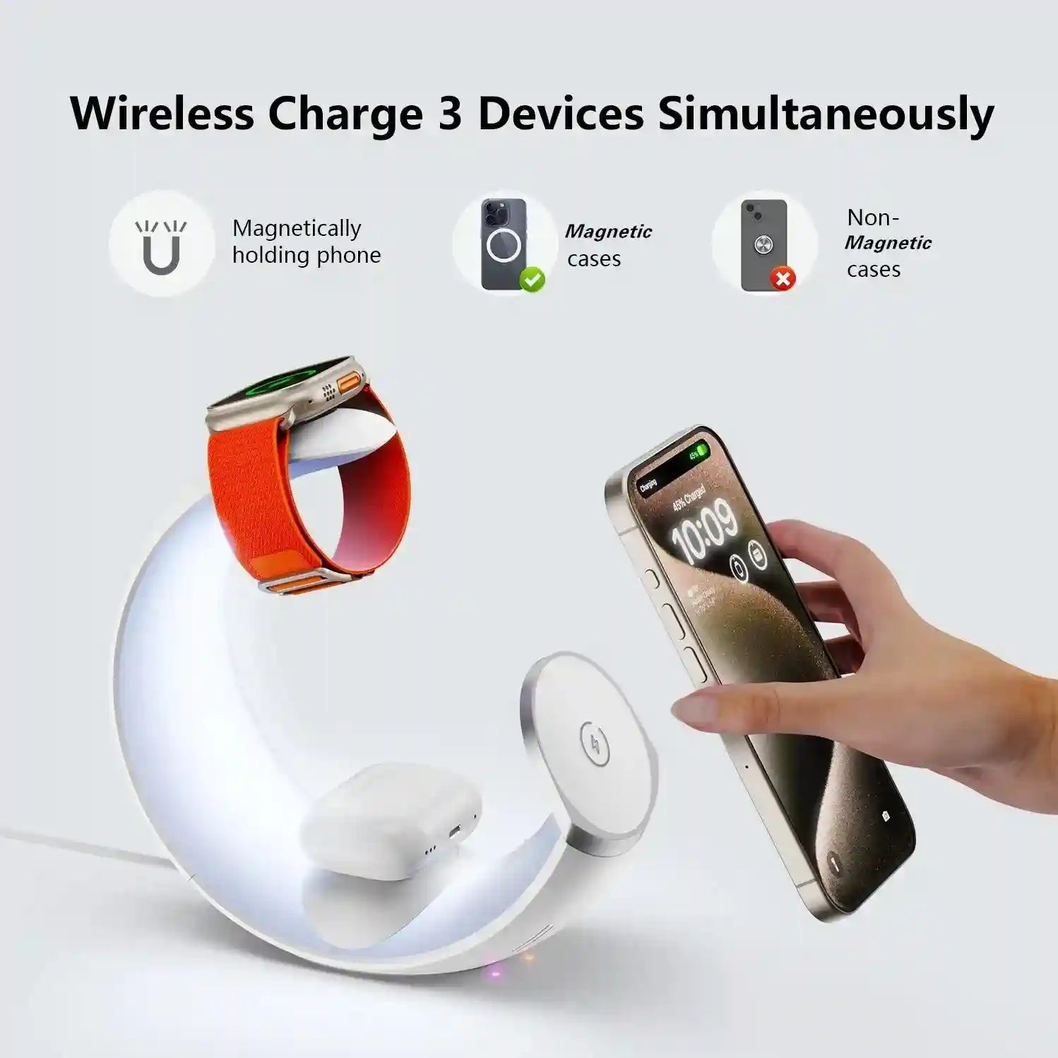 15W Magnetic Wireless Charger Lamp with RGB Ambient Light - White Tidesmit