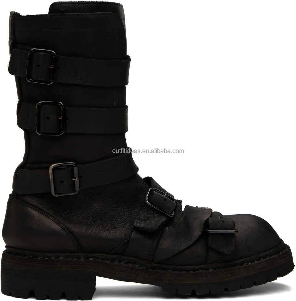 2023-24AW Pour Homme Yohji Yama Boots Adjustable Buckle Straps Genuine Leather Calfskin Unisex Men Black Ankle Distressed Boots
