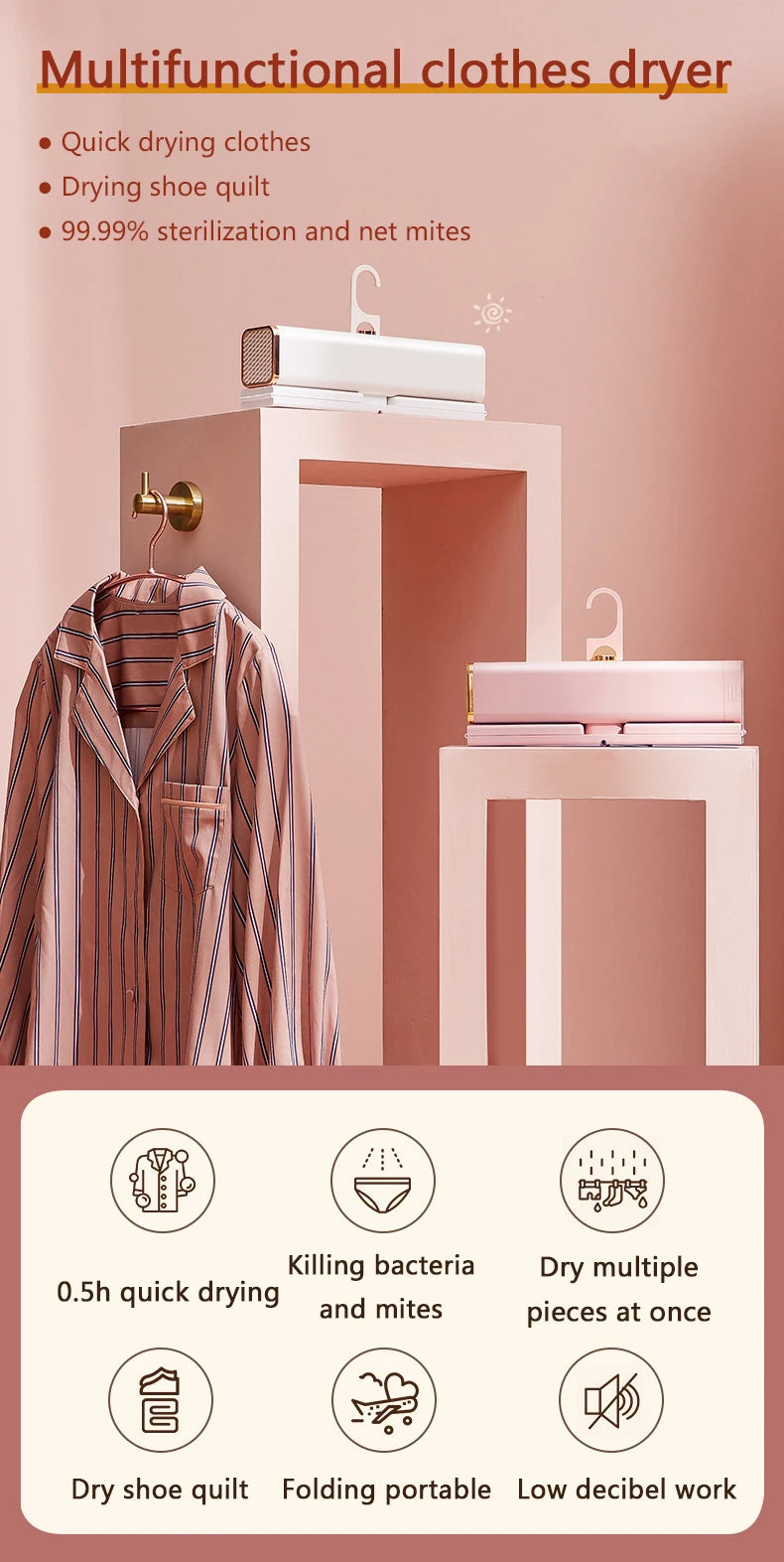 Tidesmit portable retractable clothes dryer with folding shoe drying attachment and mite removal function angle view