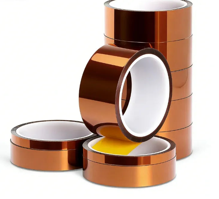 Brown single-sided polyimide insulating tape roll with white liner and stacked rolls