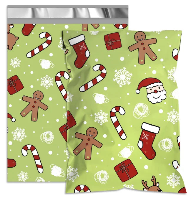 Green Christmas poly mailer with candy canes, ornaments, gifts, and snowflake swirls pattern