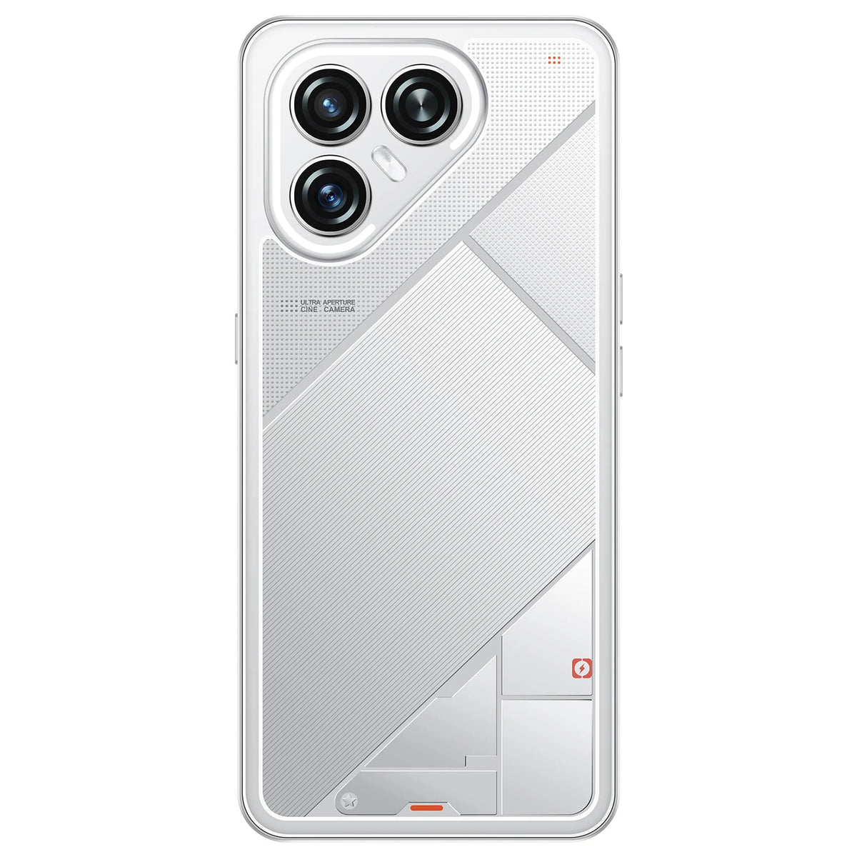 White smartphone with triple rear cameras, close-up back view