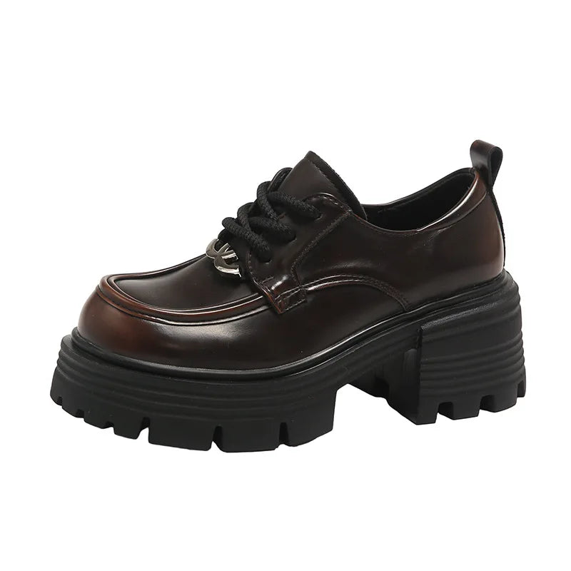 Elegant British-Style All-In-One Leather Platform Loafers Women Women's Thick Heel Fashion Head Lace-Up Small Leather Summer