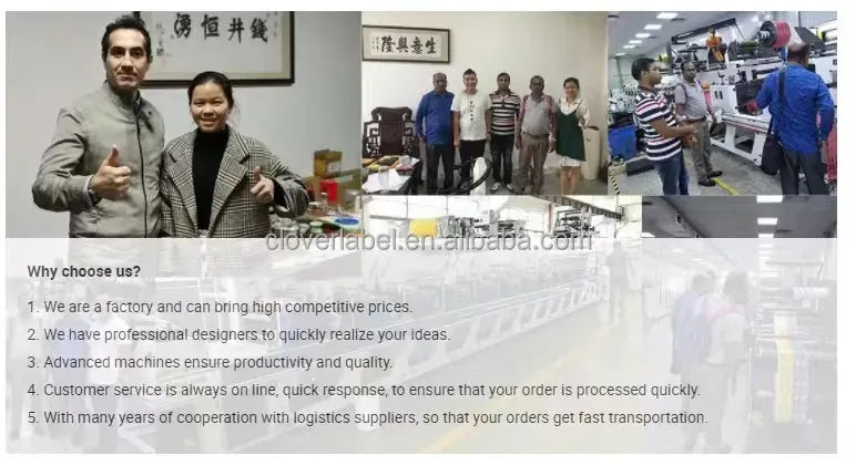 Promotional company page with team photos and service bullet points for label printing
