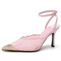 Women's Elegant Black Lace Stiletto Heels Pointed Toe Ankle Strap Metallic Cap Party Wedding Pumps