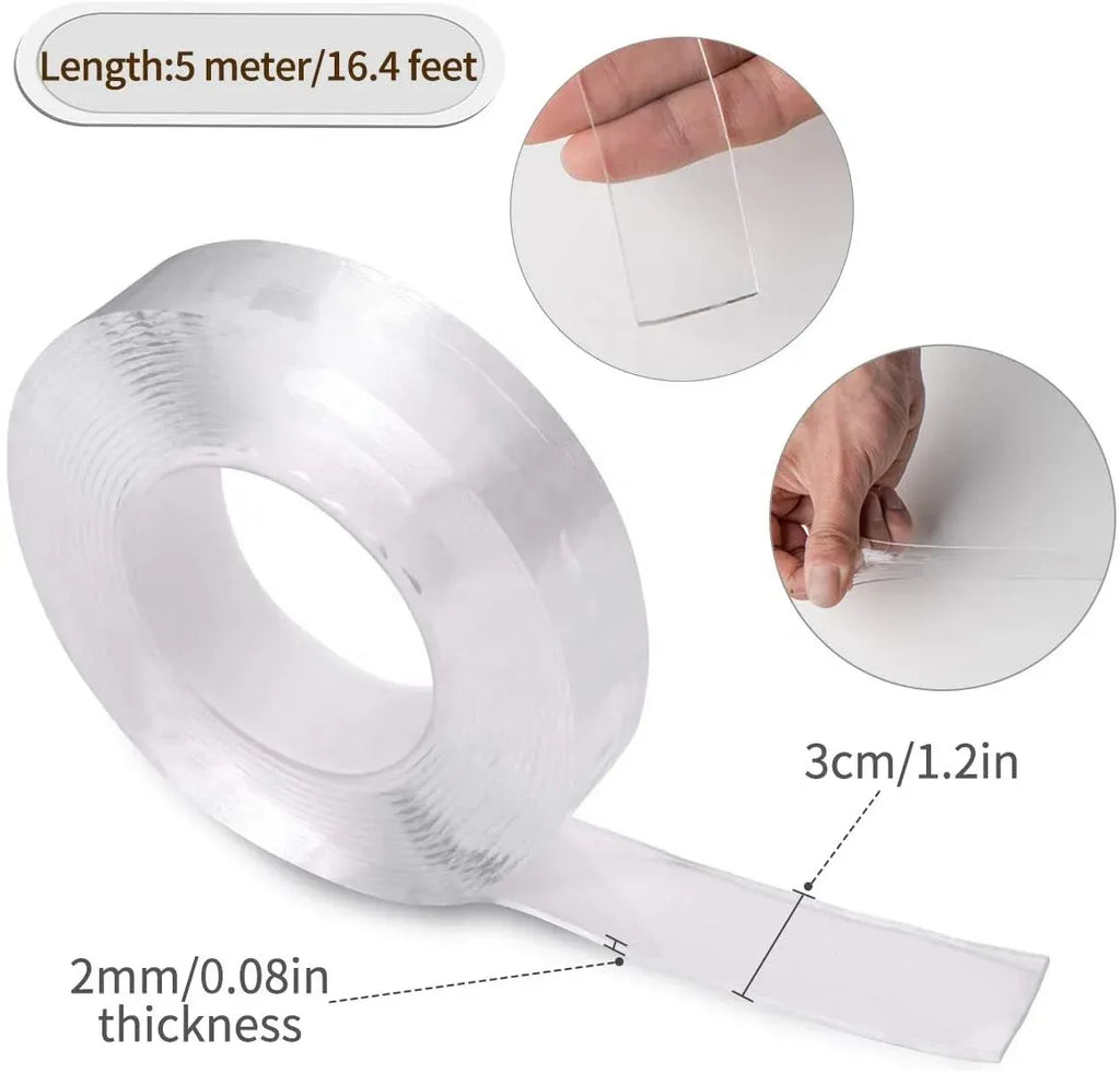 White double-sided nano tape strip with release liner, thin flexible ribbon form