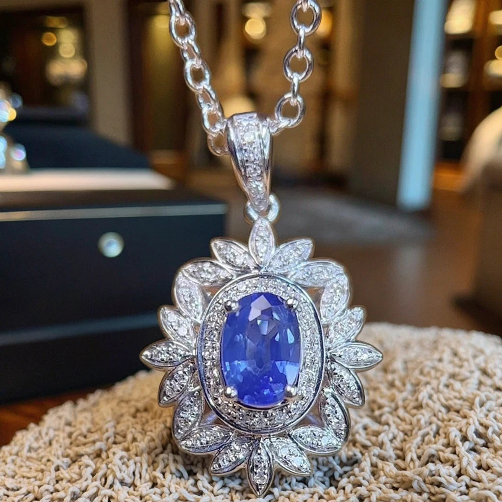 Lanphear Factory 18K White Gold Luxury Jewelry Fashion Chains Natural Diamond Pendant for Women Natural Sapphire Fine Necklaces