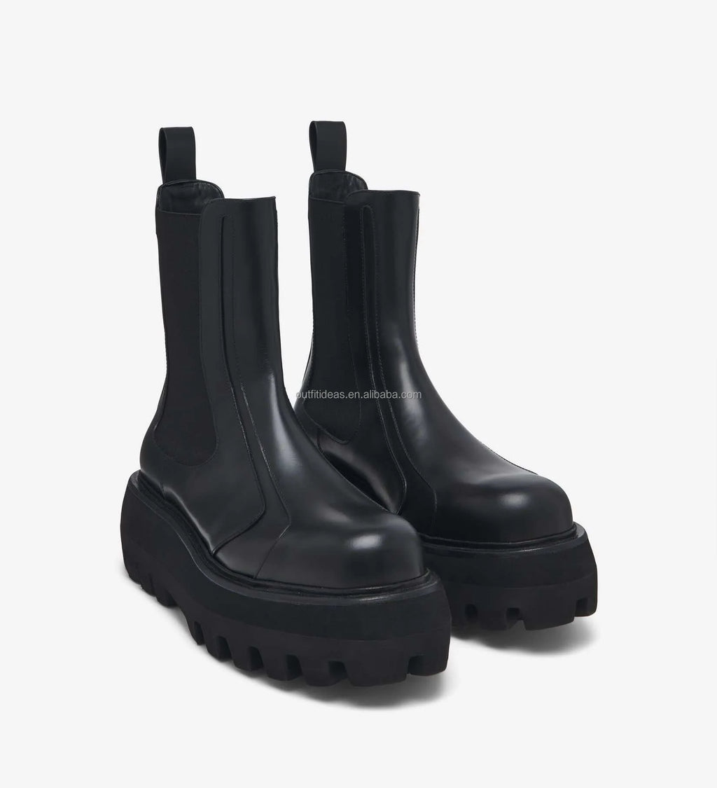 Round Toe Black Smooth Calf Leather Chunky Lug Sole Unisex Women Sofa Buckle Boot Men Dress Shoes Unisex Men Sofa Chelsea Boots