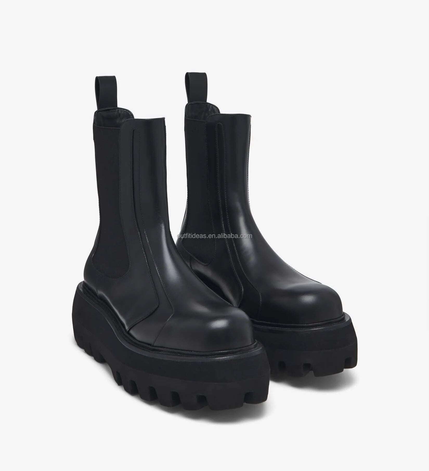 Round Toe Black Smooth Calf Leather Chunky Lug Sole Unisex Women Sofa Buckle Boot Men Dress Shoes Unisex Men Sofa Chelsea Boots
