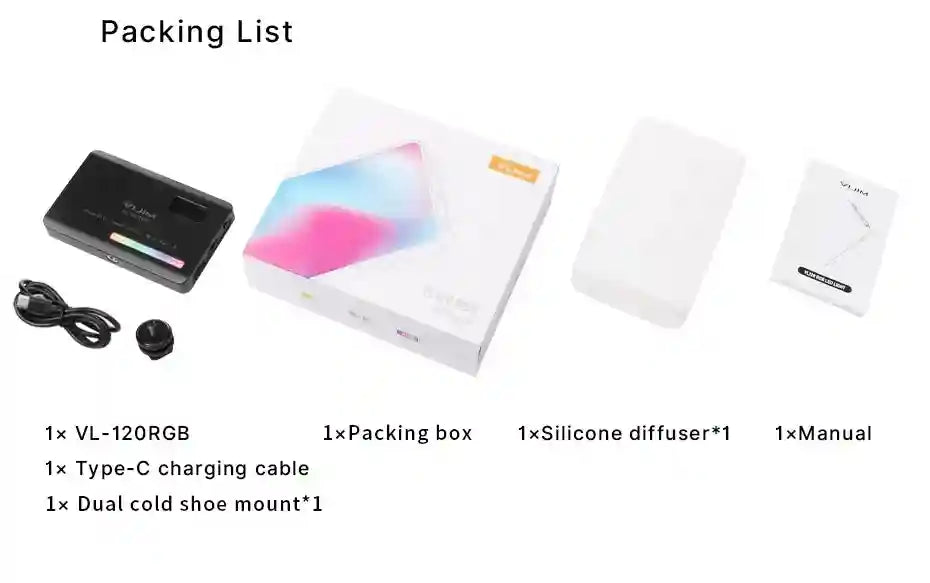 VL-120RGB LED light kit with silicone diffuser, USB-C cable, cold shoe mount, packaging box, and manual.