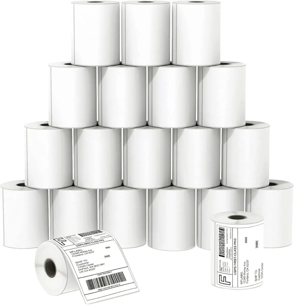 White thermal label rolls with barcode labels on backing, multipack for shipping