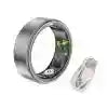 Silver health-tracking smart ring with internal sensors for monitoring fitness and sleep data, shown with its charger.
