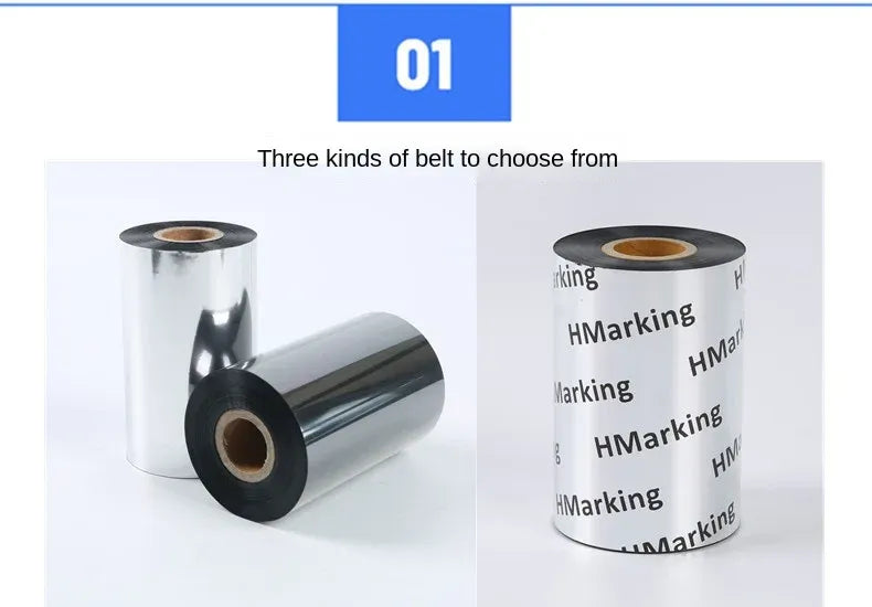 Multiple adhesive tape rolls, showing shiny silver and printed white tape on cores