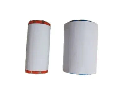 White ribbon rolls with blue end caps and one red-labeled edge