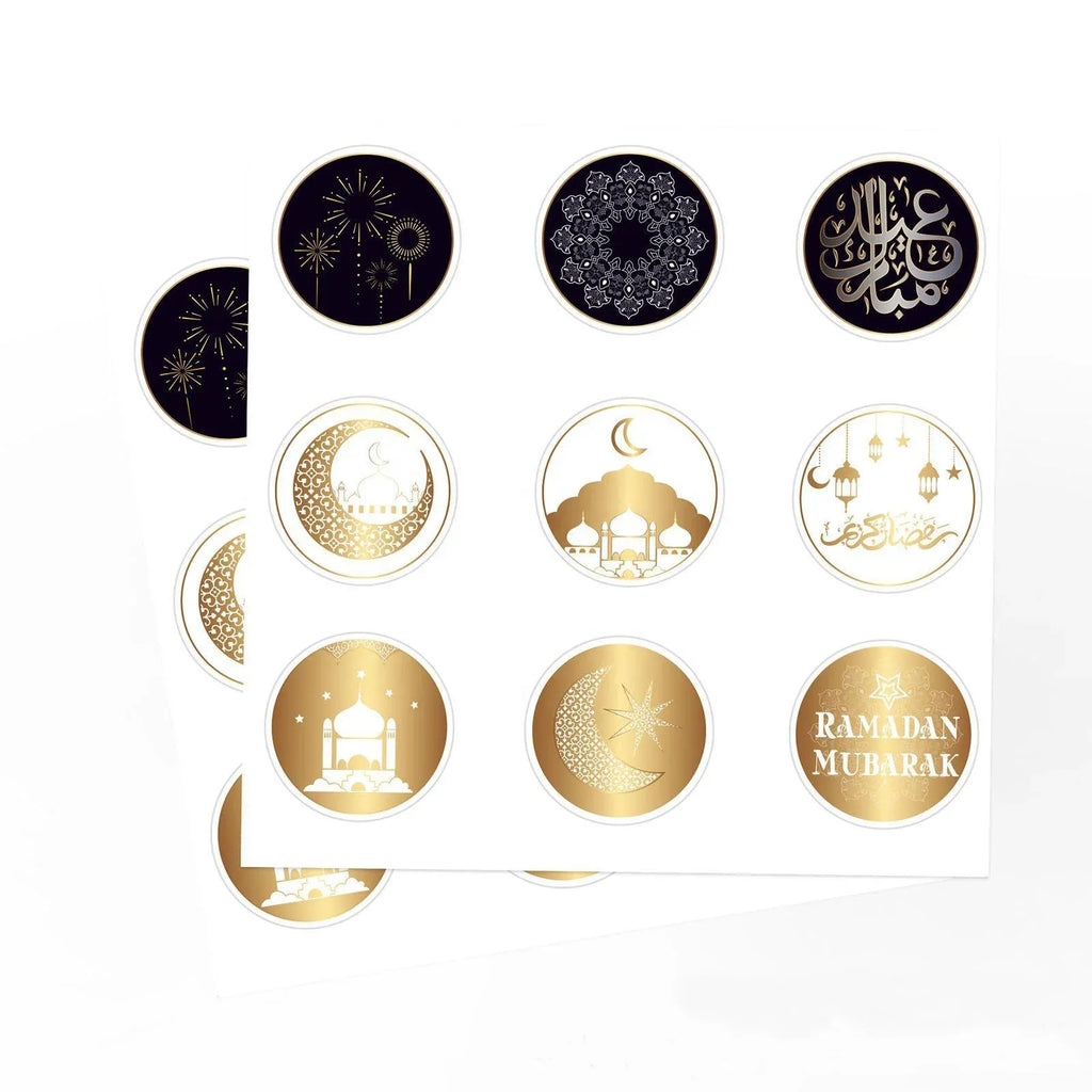 Black and gold circular Ramadan stickers on a perforated sheet