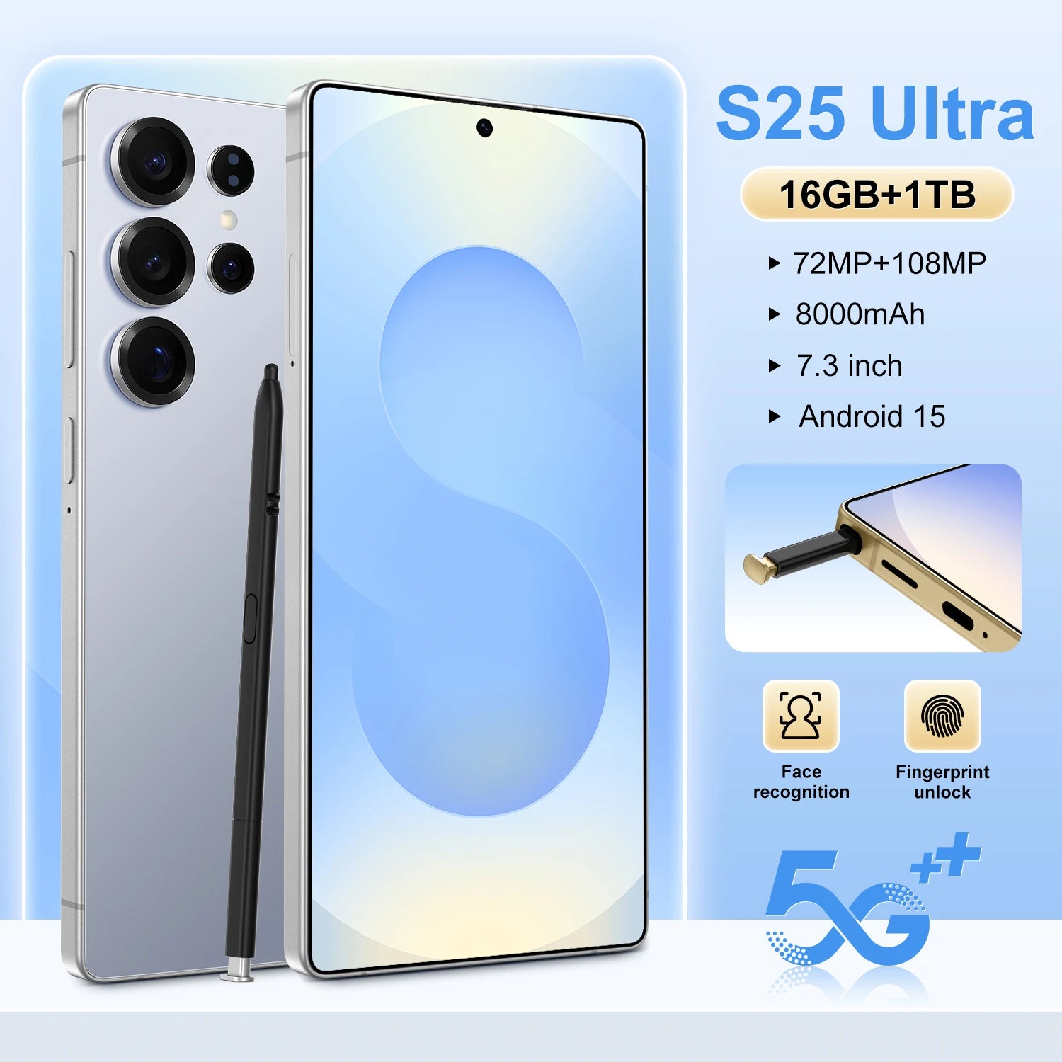 Tidesmit S25 Ultra 5G smartphone with 7-inch LED display, 108MP camera, 7800mAh battery and built-in stylus pen.