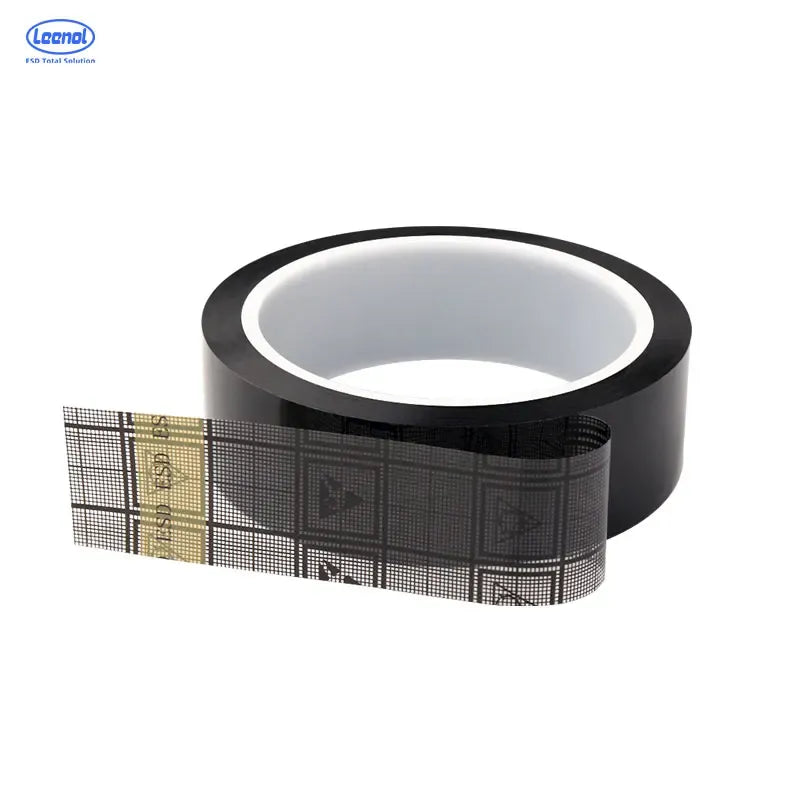 Black ESD conductive grid tape roll with gray backing and yellow square marks