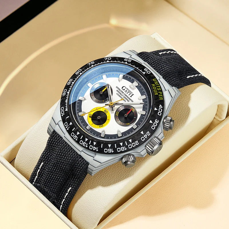 Automatic Mechanical Chronograph Watch Carbon Fiber Speedometer Ring 1600 Degree Sintered High Hardness Luminous