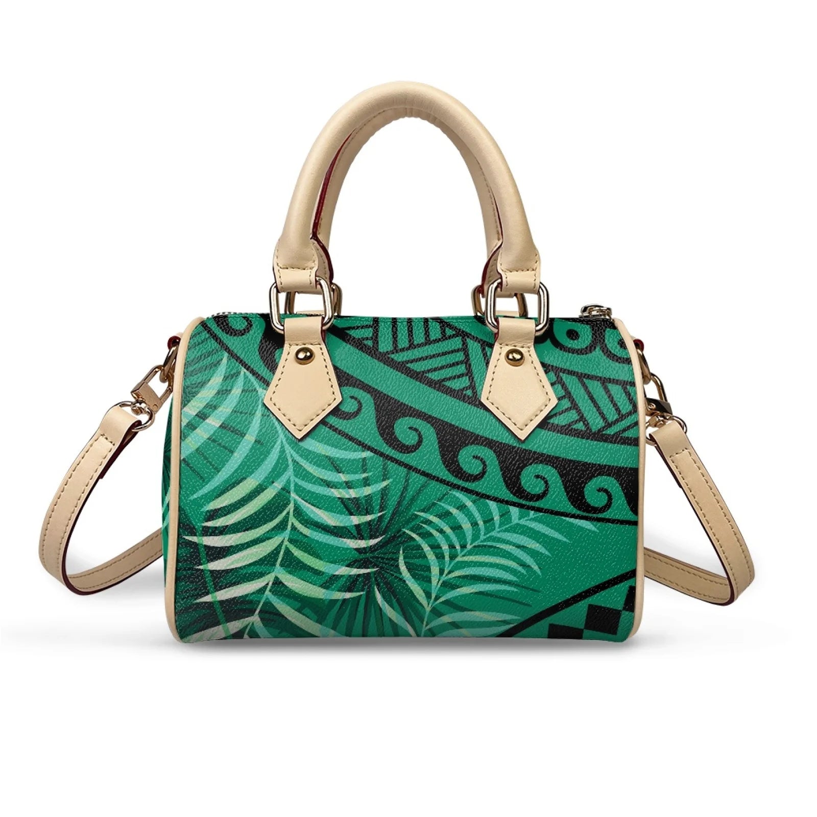 Waterproof PU leather trunk handbag with green Polynesian Samoan tribal print, tropical leaves, and beige strap.