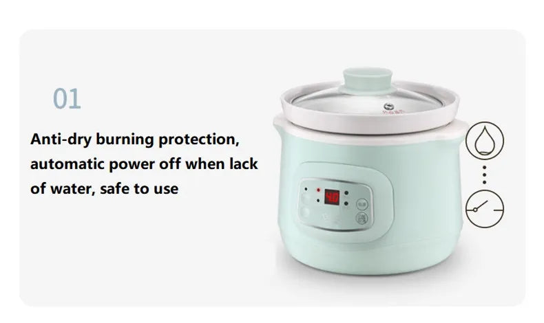 Mint 1L slow cooker with lid, control panel, and safety protection icons on feature card