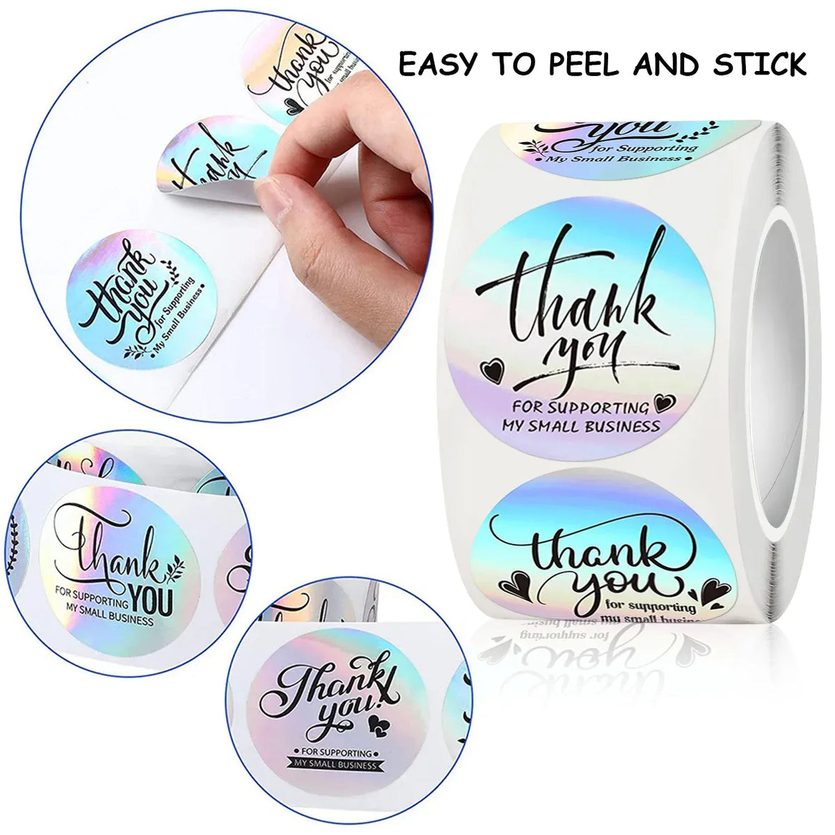 Round holographic thank-you stickers on roll, one label peeled and ready to stick