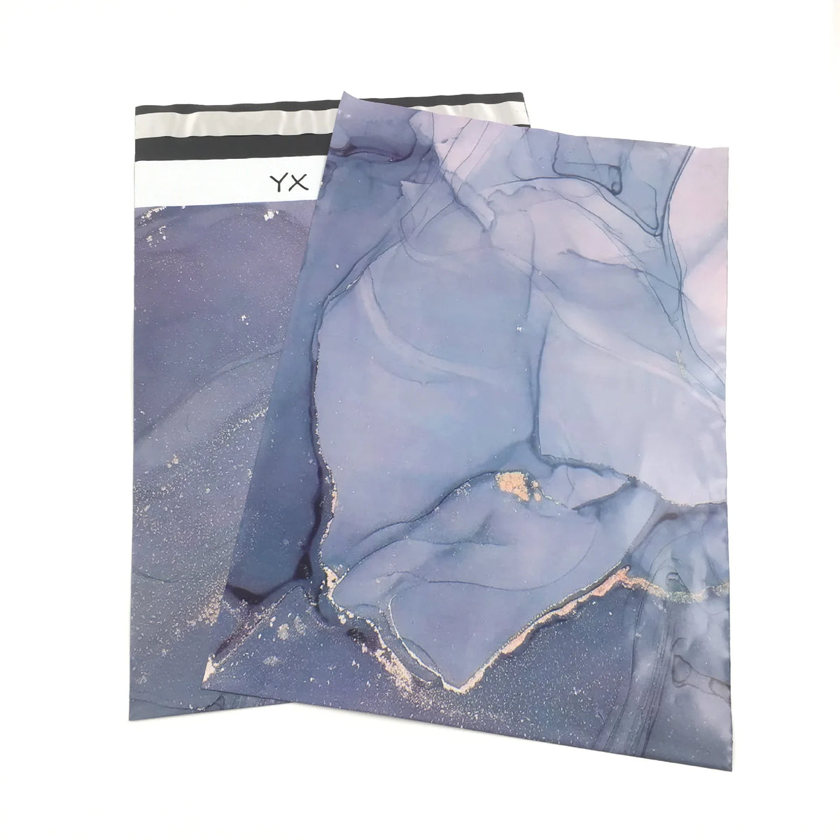 Blue and purple marble-print poly mailer bag with gold veining, stacked with sealed tops