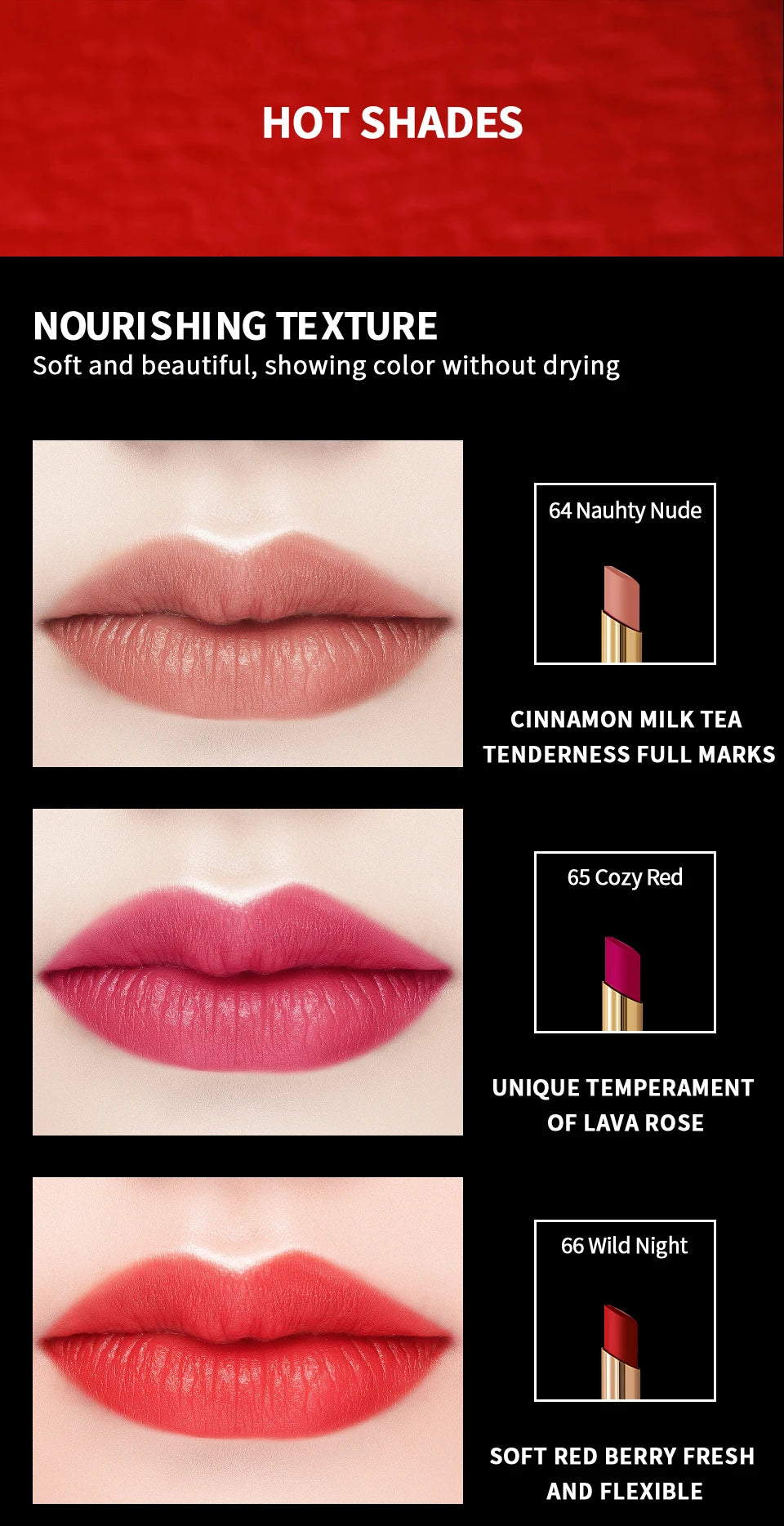 Charmacy long-lasting matte lipstick swatches in nude, rose, and red shades with a velvet, non-drying texture.