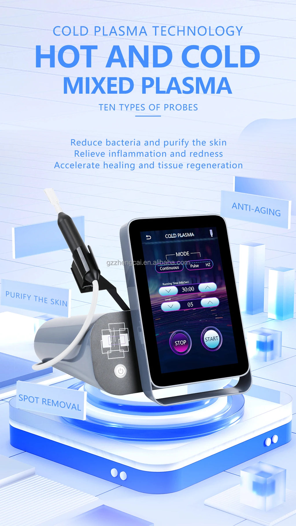 Cold plasma device with touchscreen for acne, anti-aging, and skin repair featuring a portable handheld treatment pen.
