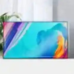 Flat-screen smart TV with a thin black frame displaying a vibrant, abstract blue, purple, and orange color display.