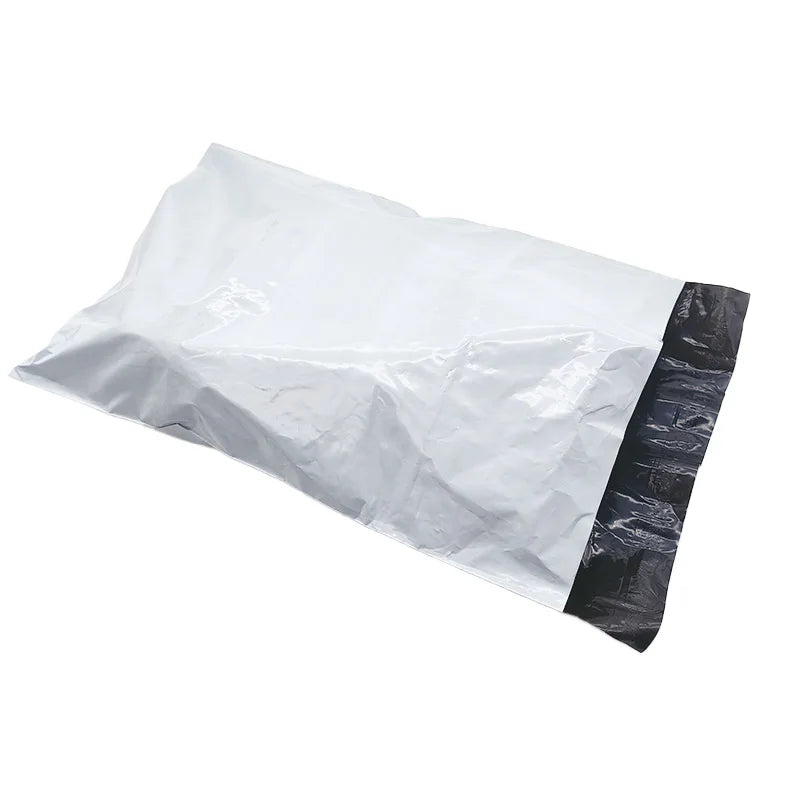 White plastic shipping bag with glossy finish and black heat-seal strip at side