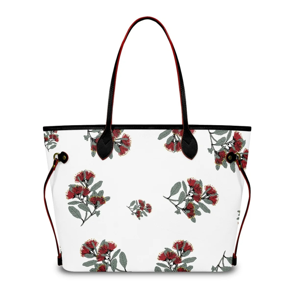 White leather tote handbag featuring a red Ohia Lehua floral print, black handles, and luxury designer style.