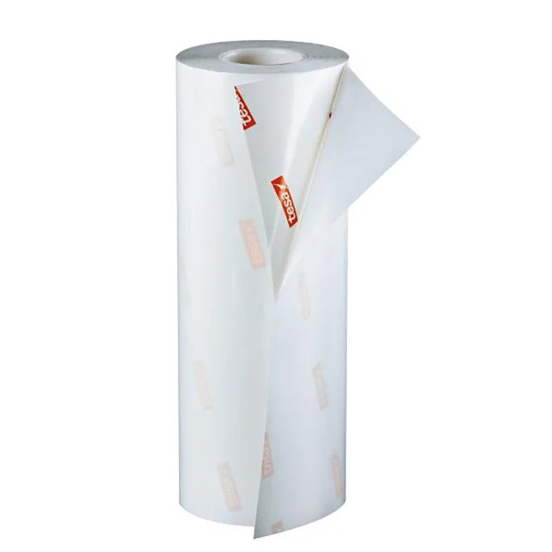 White plate mounting masking tape roll with hanging end tab and red tesa print