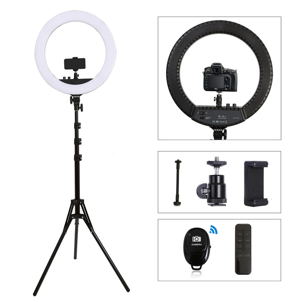 18-inch LED ring light on a tripod stand, with a camera mount, phone holder, and remote controls for photography.
