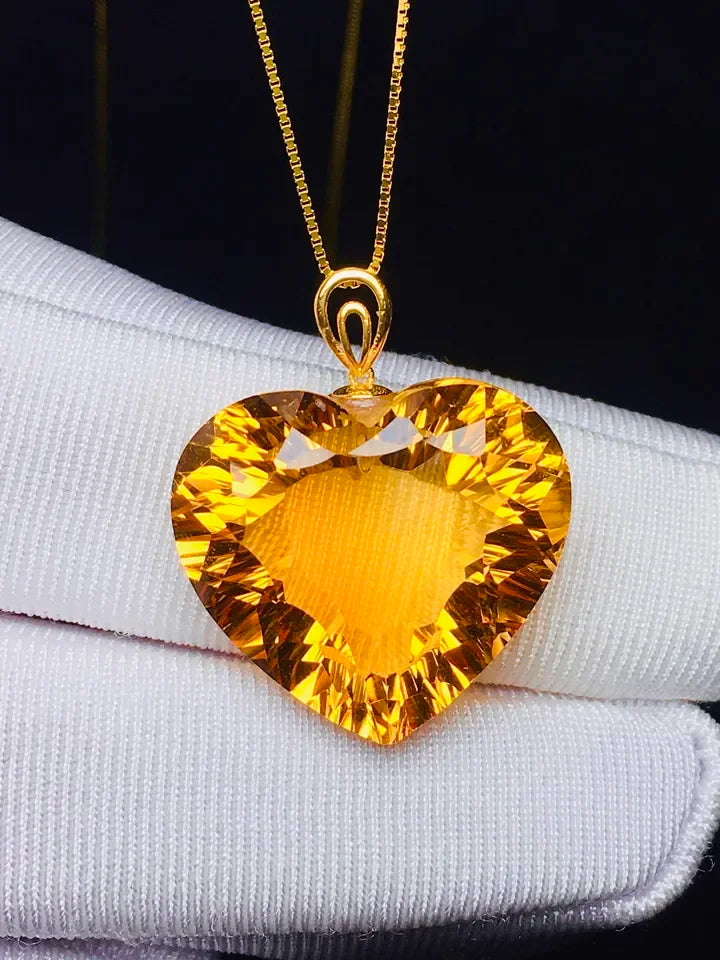Natural Heart Citrine Pendant Necklace Jewelry for Women Men Gift 18K Gold Brazil Healing Crystal 18mm Beads Gemstone
