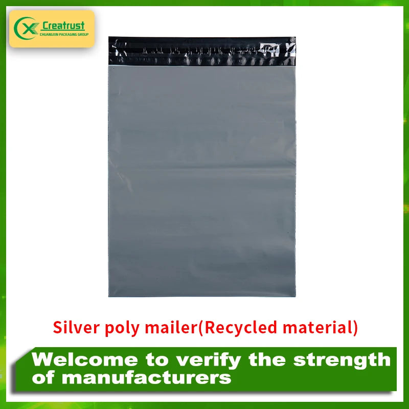 Silver poly mailer courier shipping bag with self-seal closure strip